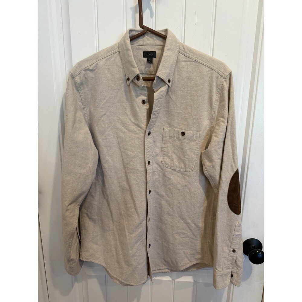J. Crew Men M Flannel Shirt Beige Cotton Leather Elbow Patches Button Down. NWOT
